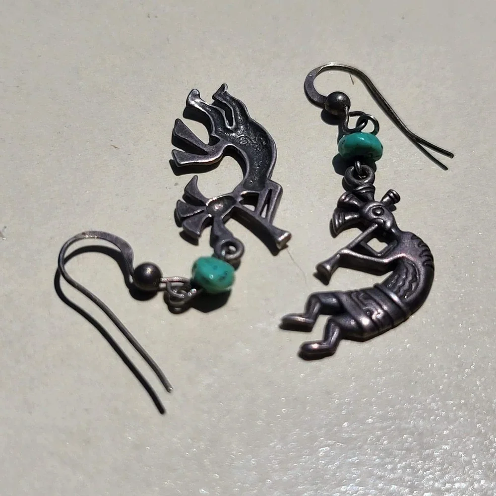 Vintage Silver Tone Turquoise Kokopelli Flute Player Drop Earrings Silver